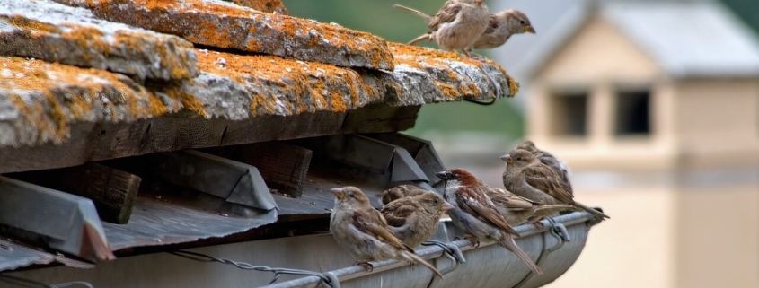 Several birds sitting in a gutter on top of a roof as one of the common gutter problems homeowners face.